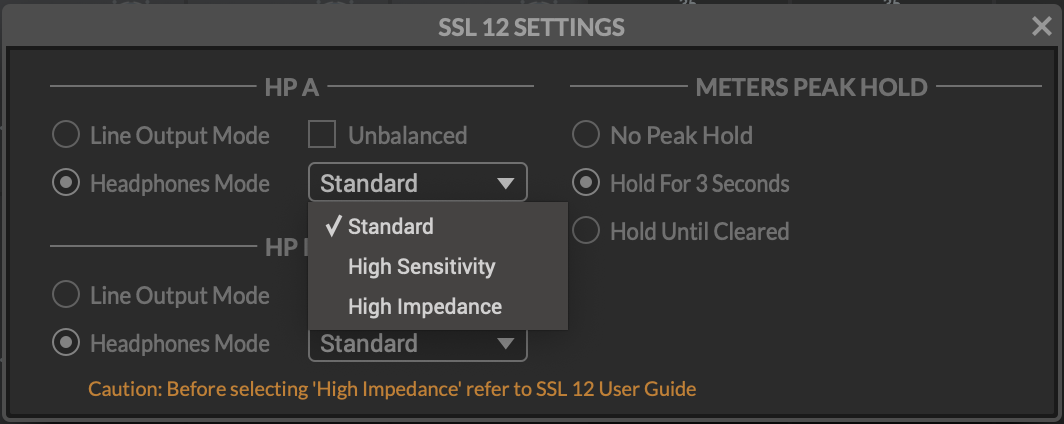 SSL 360 12 Mixer HP Settings panel.png